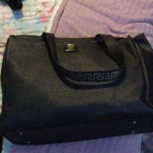 Versace Black Pebbled Leather Tote with Greek Key Trim